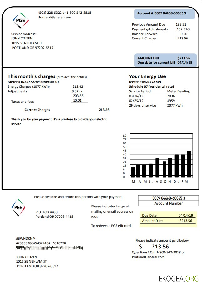 USA Oregon PGE electricity utility bill template in Word and PDF format